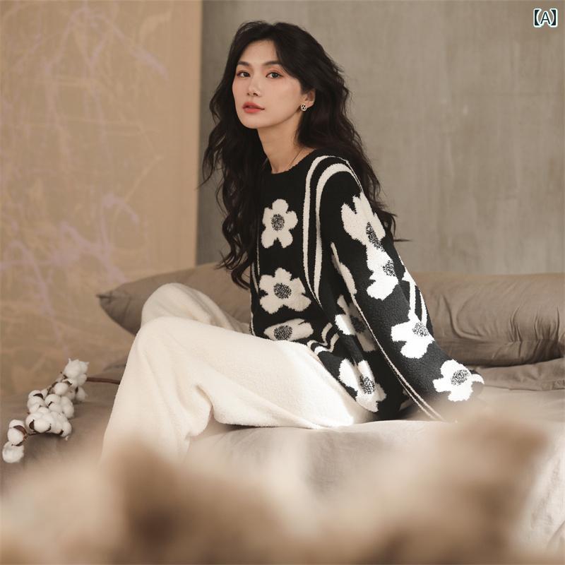 ルームウェア レディース パジャマ 部屋着 ガーリー 秋冬 長袖 ラウンドネック 暖かい ブラック ホワイト ベージュ