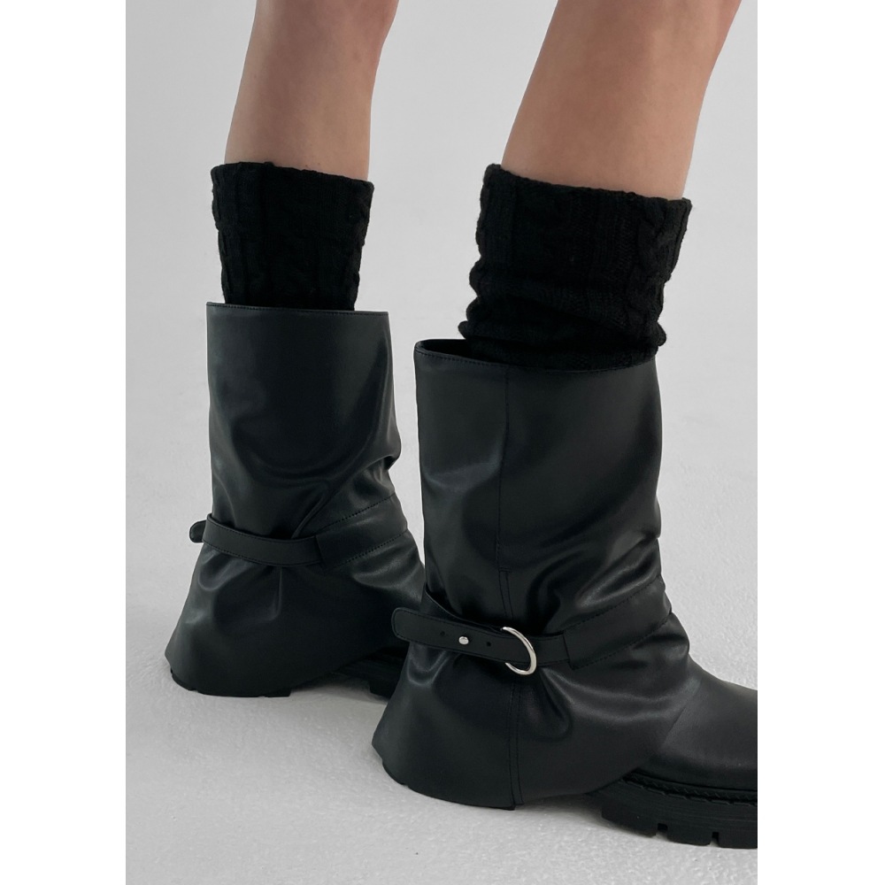 ブラックアップカーキバックルレザーミドルブーツ