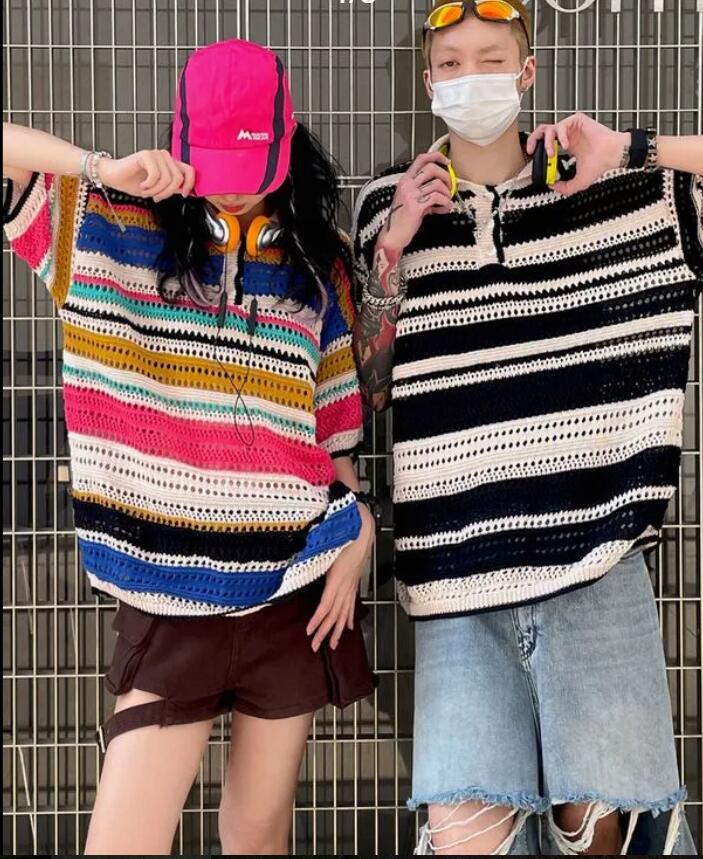 アメリカンレトロカラーストライプ透かしニットTシャツ半袖男女の新作ペアワイシャツ