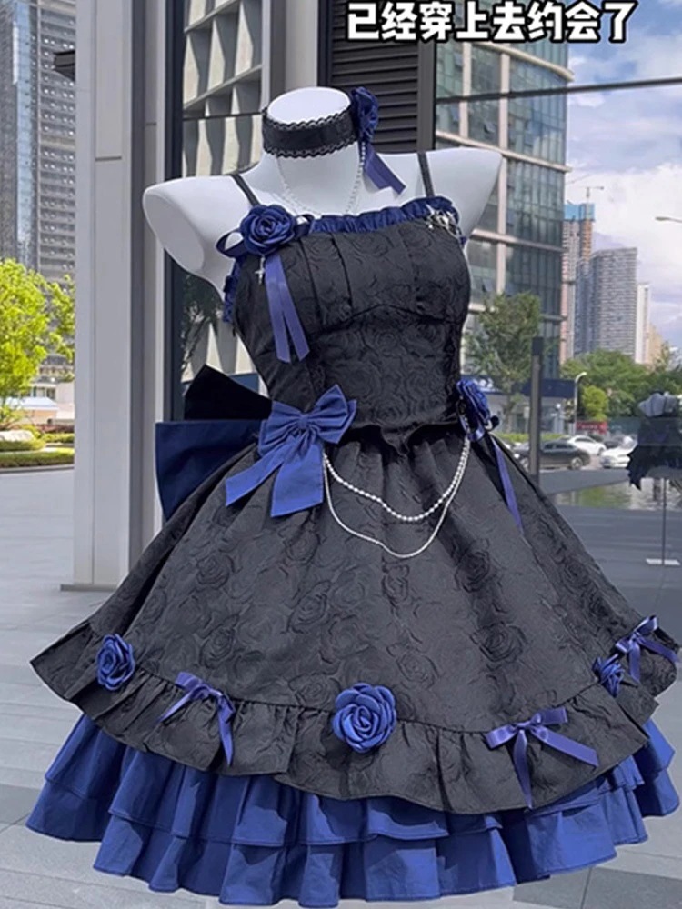 青と黒のゴシック風ロリータドレス女性jskロマンチックロリータ重工業ふわふわプリンセスドレスデイリー