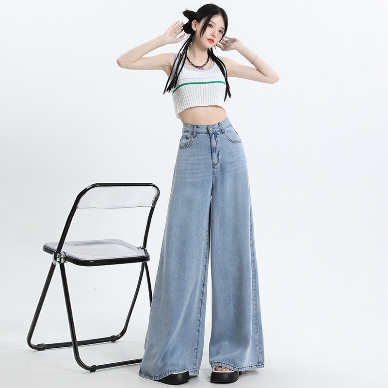 ビッグフットワイドレッグジーンズ2024レディーススタイルスモールドレープ万能レッグパンツルーズストレート