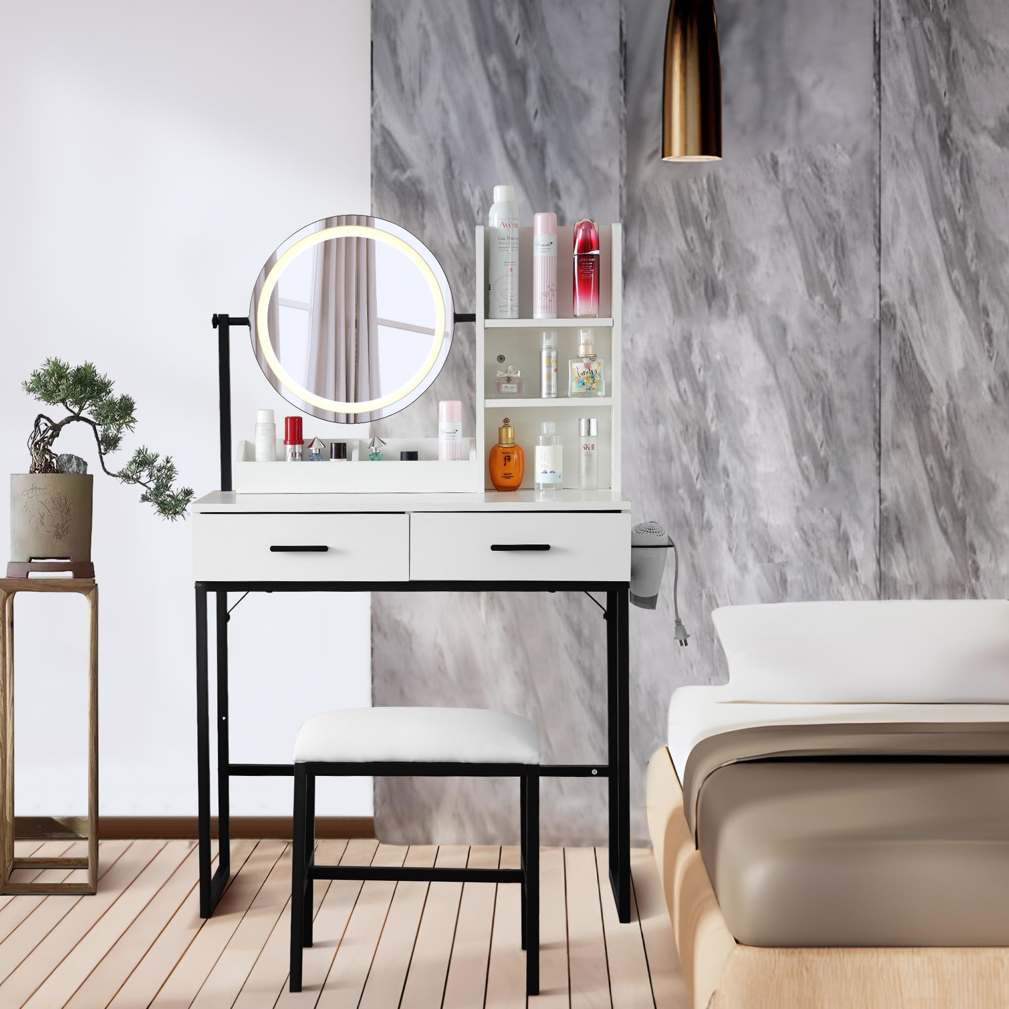 OSJ ドレッサー化粧台 テーブル 鏡台 LEDライト付き スツール付き 引き出し 収納 サイド収納 メイク台 シンプル 大容量 可愛い 鏡 おしゃれ 姫系