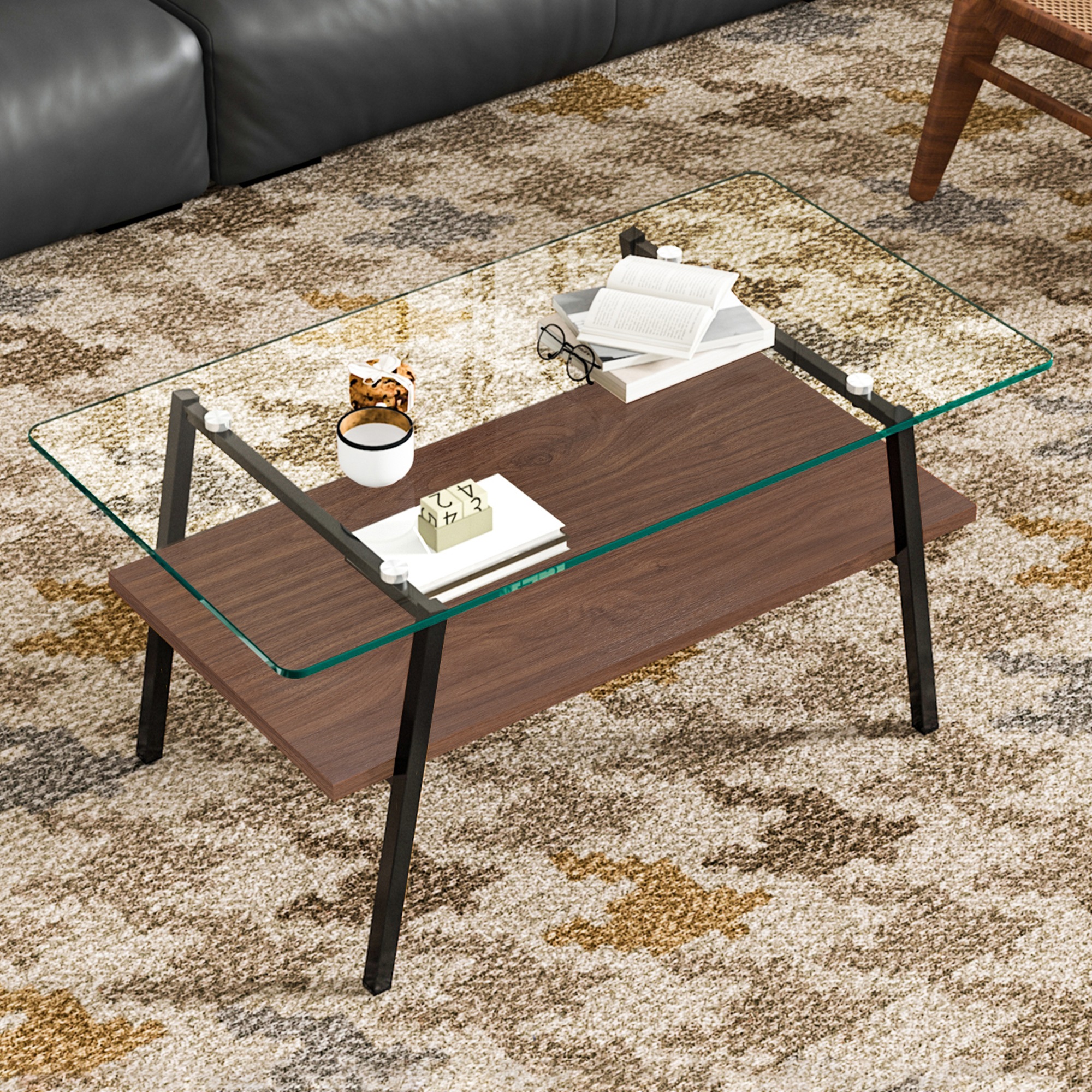 【国内出荷-送.料.無.料】モダン長方形コーヒーテーブル強化ガラス天板+MDF収納棚リビング用クリアガラス+ブラック脚～65