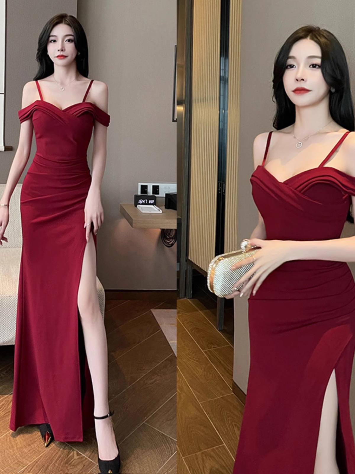 開叉イブニングドレスキャミソールショルダーワンピース