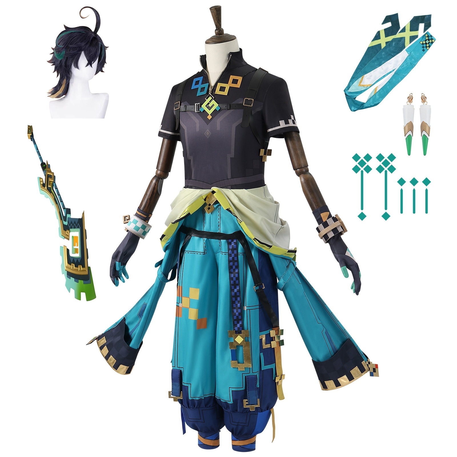 原神　初期衣装ーエイトビット・アート　キィニチの衣装　ウィッグ　靴　山の王の長牙　コスチューム　記念祭　コスチューム　イベント　仮装　ハロウィン　コスプレ衣装