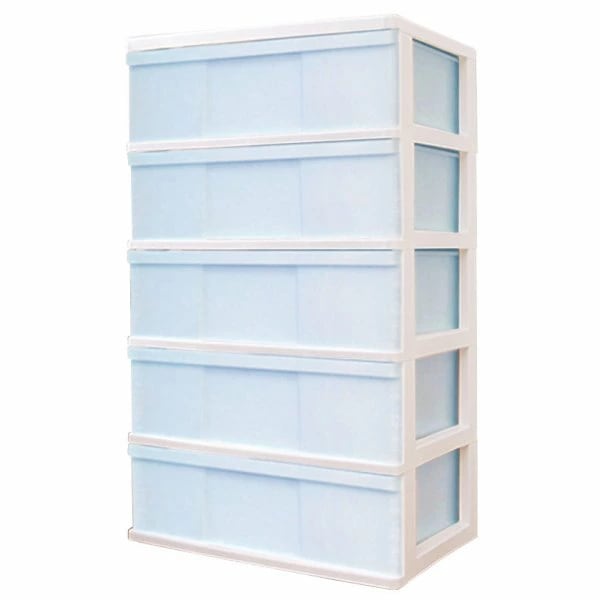 収納ケース プラスチック 引き出し ワイドチェスト ５段 幅６０ おしゃれ ホワイト／アイスブルー