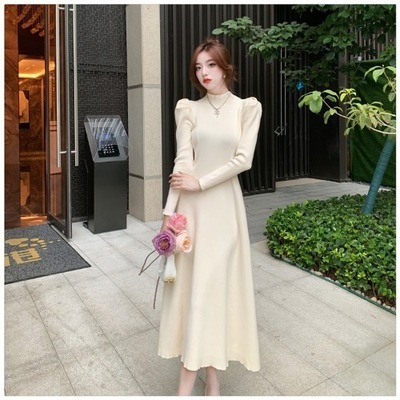 ワンピース フレアワンピース ミモレ ミモレ丈 ロング ロング丈 袖あり 長袖 パフスリーブ タートルネック スタンドカラー ニット かわいい 大人可愛い シンプル おしゃれ お洒落 大人女子