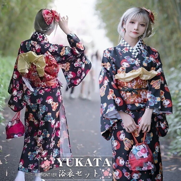 浴衣 高校生 可愛い 中学生 浴衣 大人 レディース 浴衣 セット 女性 着物 紺青 濃紺 お洒落 小紋柄 人形柄 個性的 大人っぽい 着物 帯揚げ 作り帯 大きいサイズ 大きめ ジュニア 夏 花火大