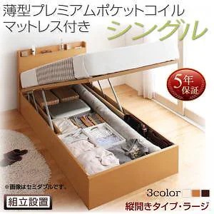 [組立設置料込み]国産 跳ね上げ収納ベッド [Freeda]フリーダ [薄型プレミアムポケットコイルマットレス付き] 縦開き シングル 深さラージ [フレーム色]ダークブラウン
