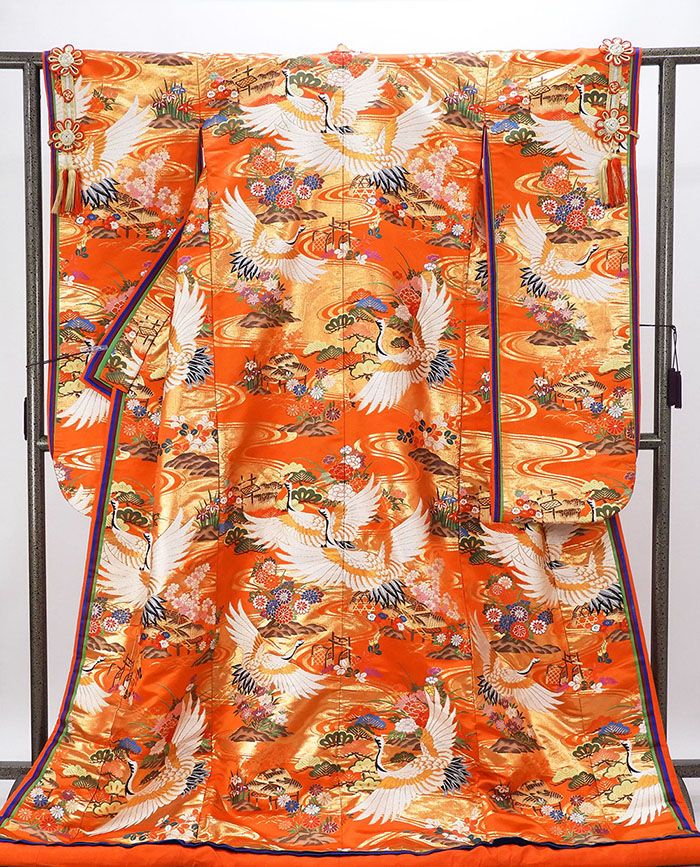色打掛 正絹 流水 四季花 舞鶴 打掛 花嫁衣裳 婚礼 良品 中古 リサイクル ブライダル ウエディング 着物 e3218