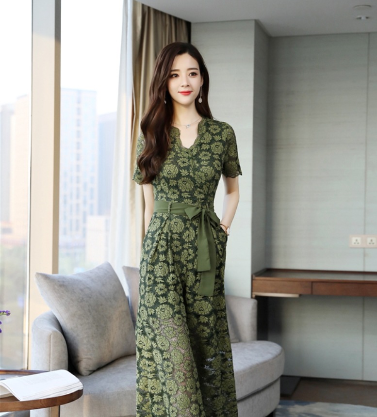 オールインワン ワイドパンツ 9分丈 袖あり 半袖 レース ウエストリボン ファスナー ポケット ハイウエスト 透け感 きれいめ 大人 上品 おしゃれ お洒落 かっこいい レトロ 大人可愛い 大人女子