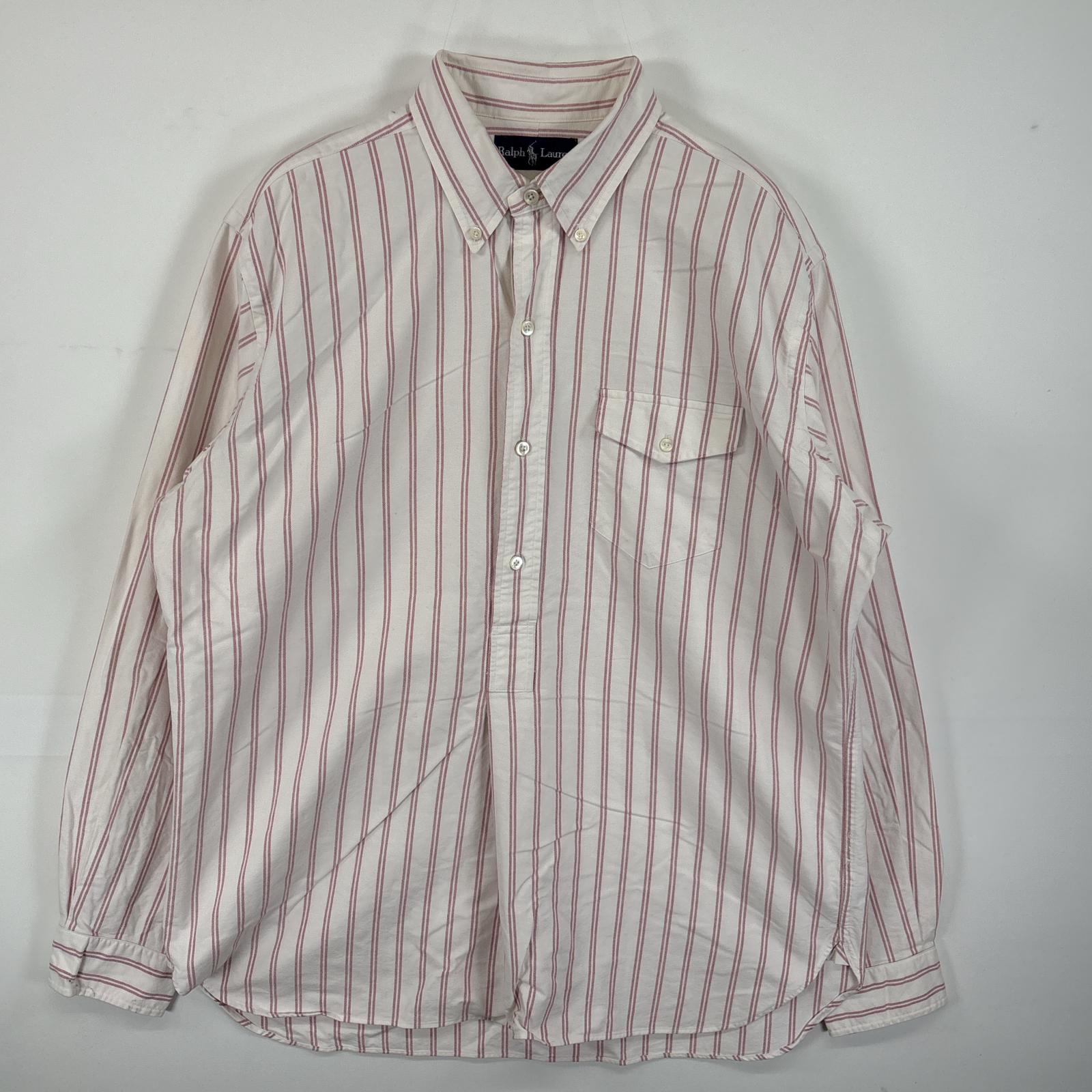 古着 長袖シャツ グランパシャツ プルオーバー フラップポケ L ホワイト系 ストライプ メンズ