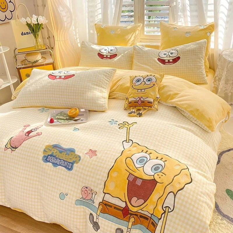 完全マットな高重量ミルクベルベットパッチ刺繍入り高耐久ベッドシーツの 3 点セットと 4 点セット - スポンジボブ スクエアパンツ
