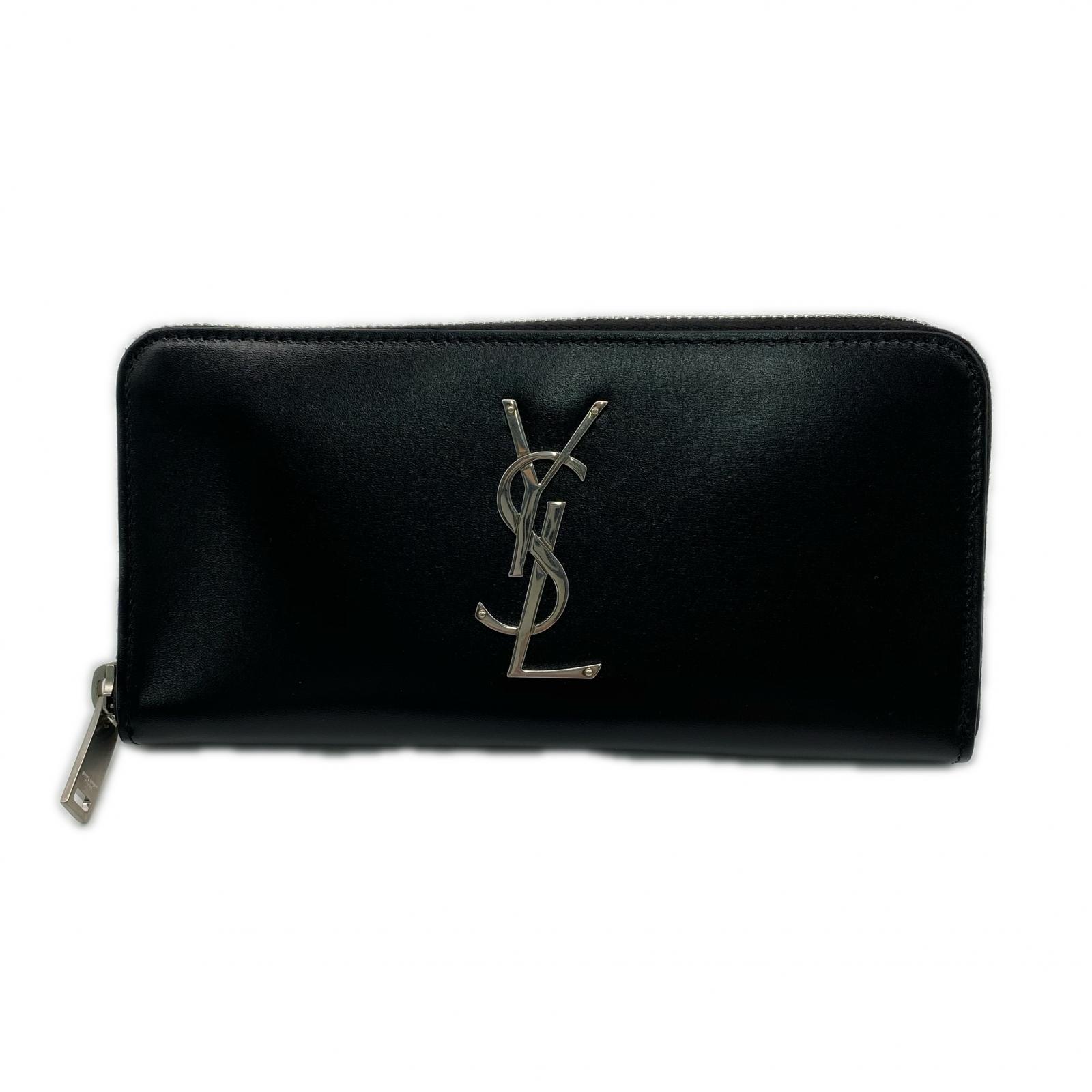 3日以内返品可 極美品 長財布 YSLロゴ カサンドラ ジップ アラウンド ウォレット 617415 ブラック シルバー カーフレザー メンズ