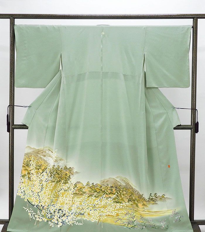 色留袖 正絹 加賀友禅 茶谷孝志作 風景松桜 身丈162.5cm 裄丈67cm 揚羽蝶 一つ紋 良品 中古 リサイクル 着物 フォーマル レディース f4033
