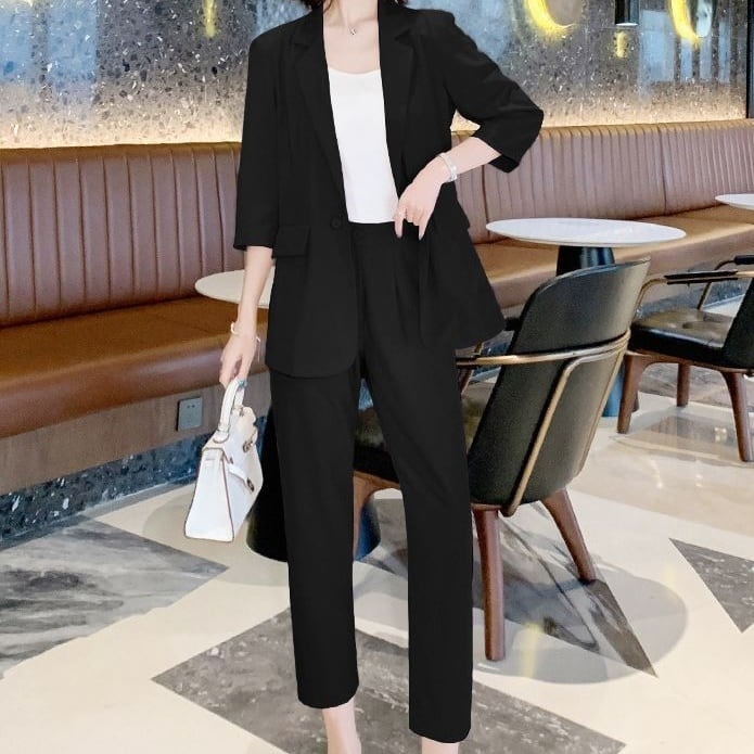 セットアップ スーツ パンツ ボトムス ジャケット シングルブレスト 長袖 ロング アンクル丈 ワンタック ハイウエスト クロップパンツ ストレート 襟付き Vネック レトロ ビッグシルエット lsu