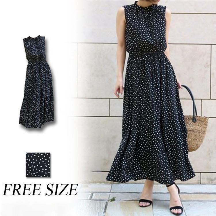 秋の新作 タイムセール 夏ワンピース レディース ロングワンピース 長袖 シフォンワンピース ドット柄ワンピース 着痩せノースリーブワンピース 気質 カジュアル プリント おしゃれ 2枚購入で200円