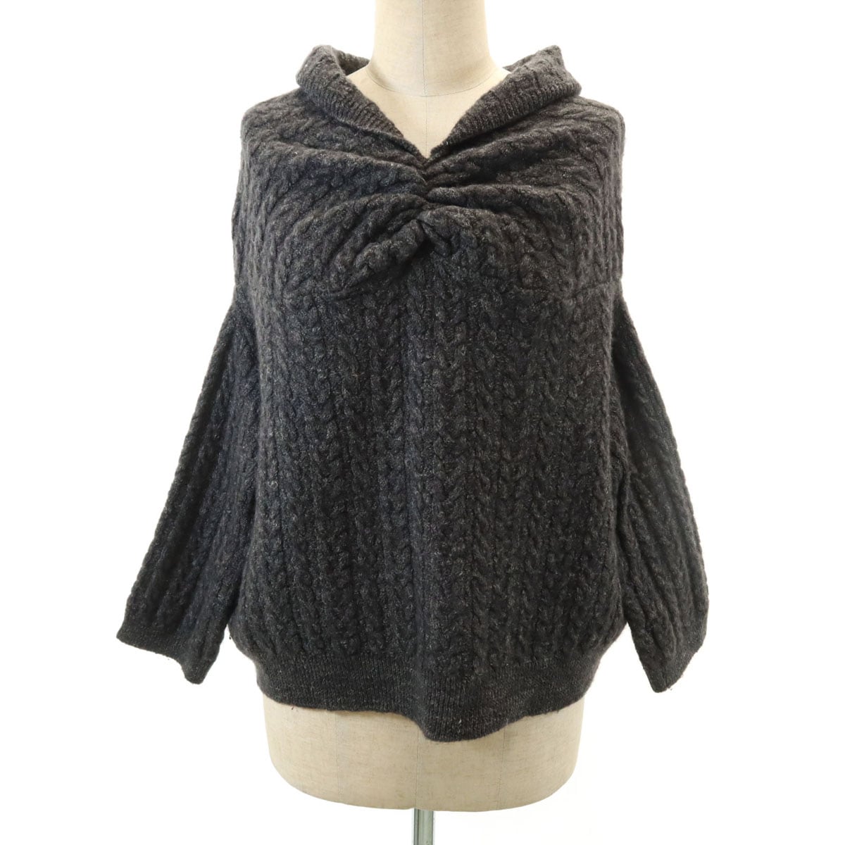 日本製 リネンブレンド 5分袖 ショート丈 ケーブル ニット F チャコールグレー セーター レディース 古着