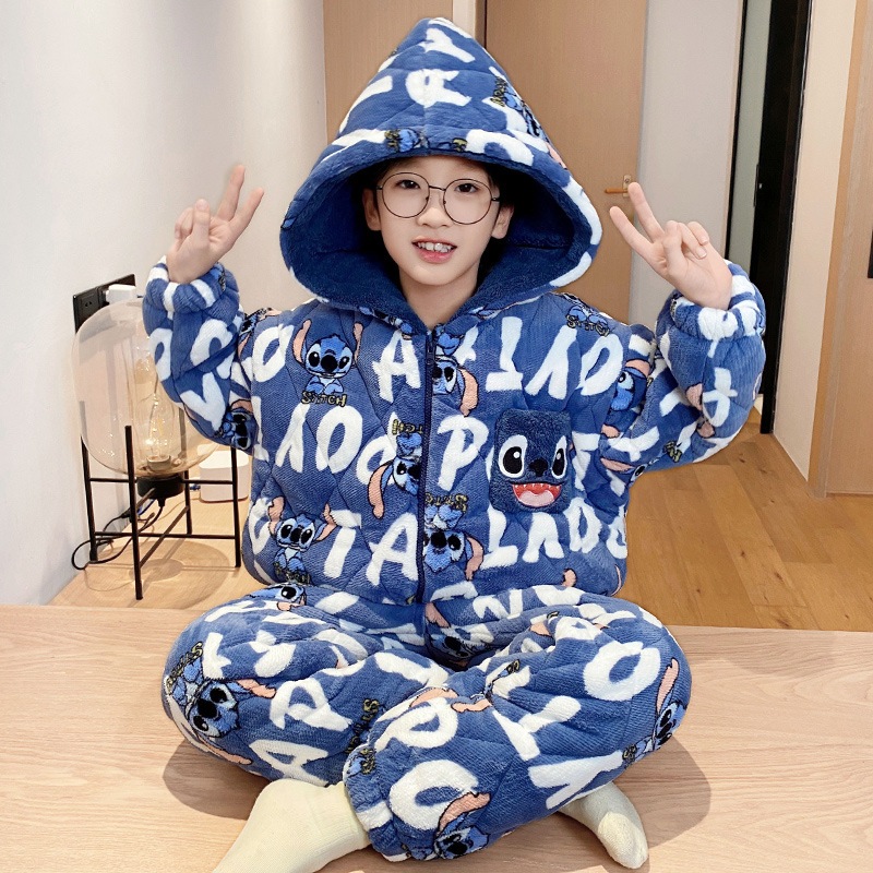 男の子用パジャマ冬厚手三重綿挟み2024冬子供用男の子用サンゴ絨毯部屋着
