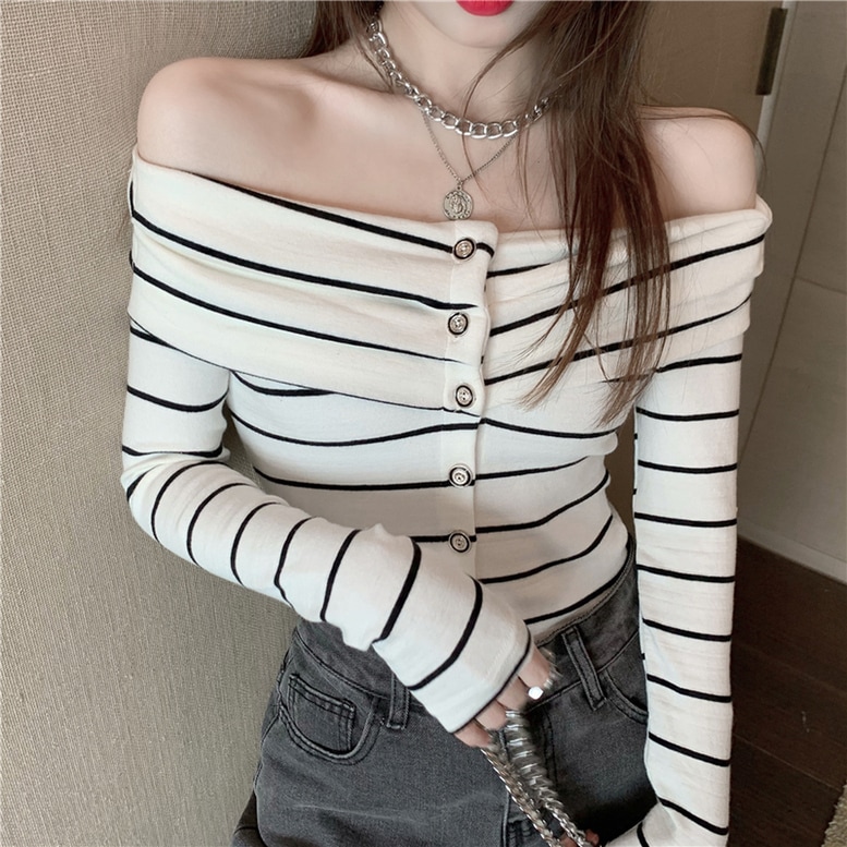 カットソー レディース ボーダーカットソー オフショルダー シャツ トップス 長袖 肩だし