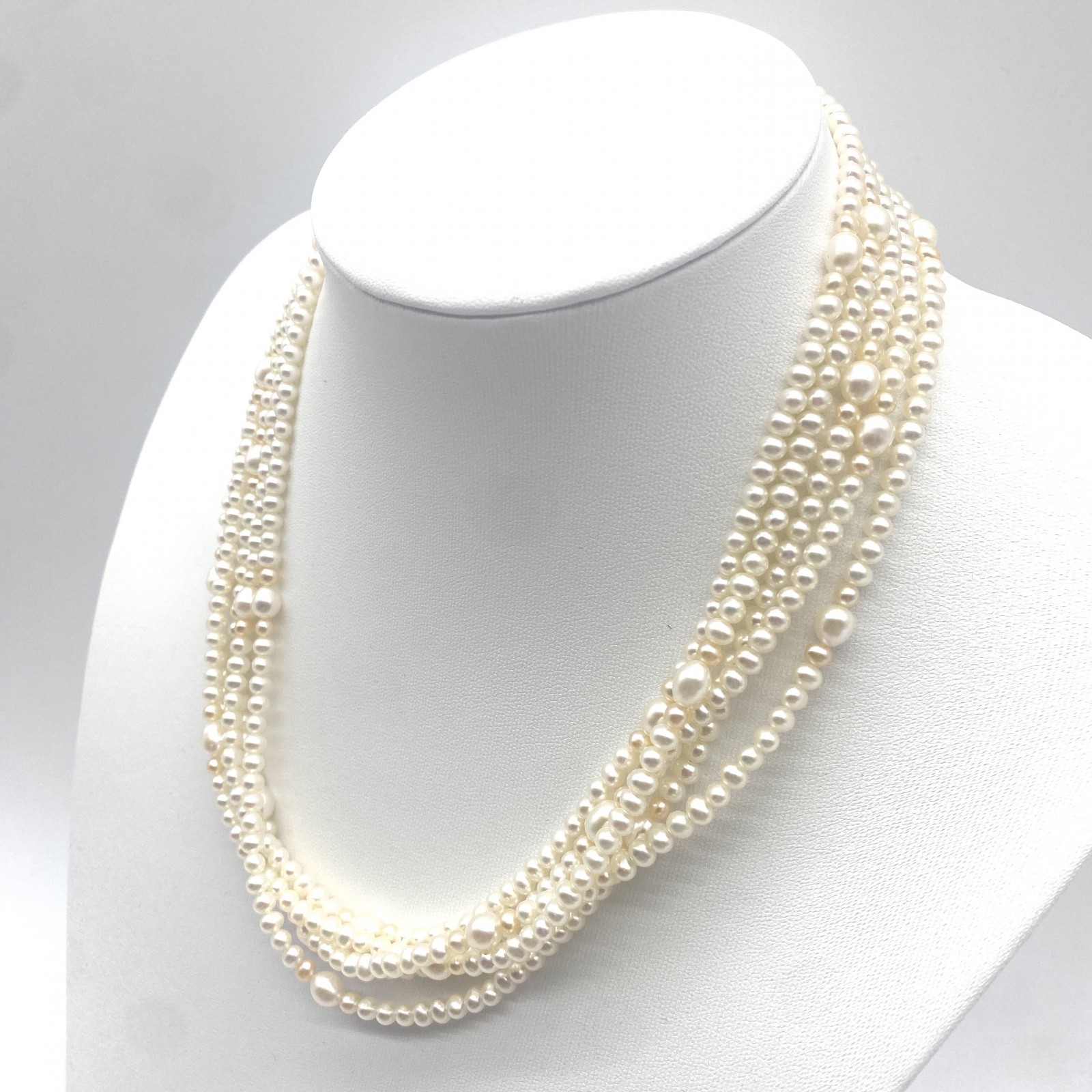 美品 本真珠 5連 ロングネックレス パール ジュエリー ペンダント アクセサリー テリ てり 照り良し 留め具 K14 585 シルバー ホワイト 約240cm 4.0mm-6.0mm 63.5g