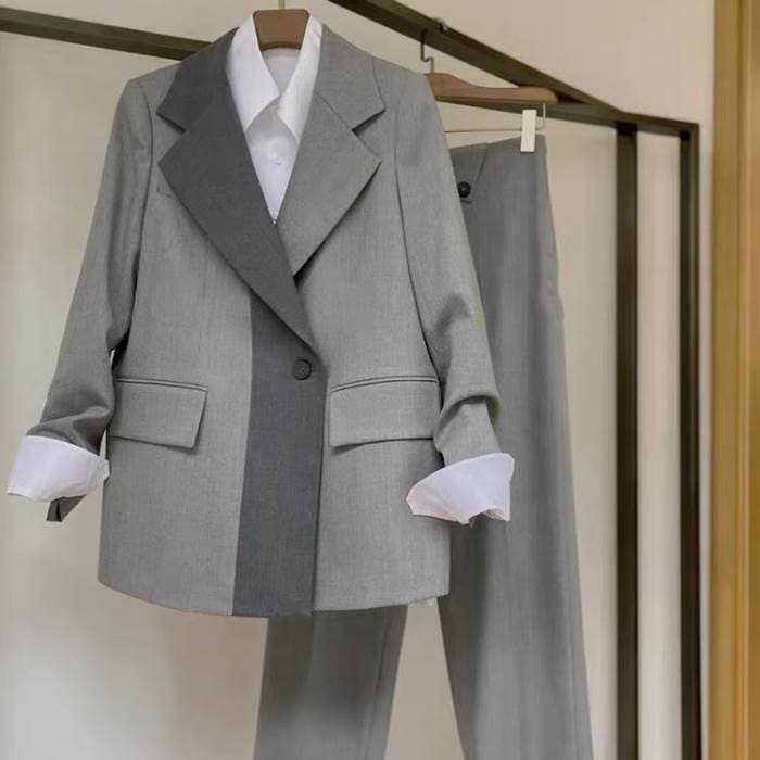 セットアップ スーツ フォーマル ジャケット パンツ 2点セット 長袖 ビッグシルエット ワイドパンツ グレー 切替 個性的 大人可愛い かっこいい おしゃれ フォーマル こなれ感 S M L XL