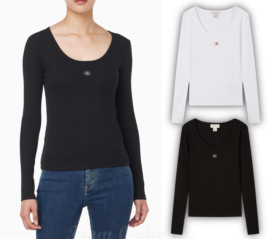 Woven Label Scoop Neck Lip Long-Sleeved T-Shirt (47D218G)