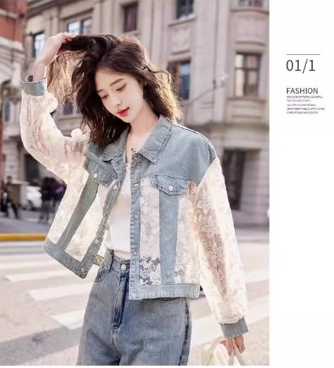 デニム レース ジャケット アウター 春秋ストリート 無地 ミディアム パーティースタイル ホームパーティーアイテム Gジャン デニム オフィススタイル エレガントスタイル カジュアルスタイル