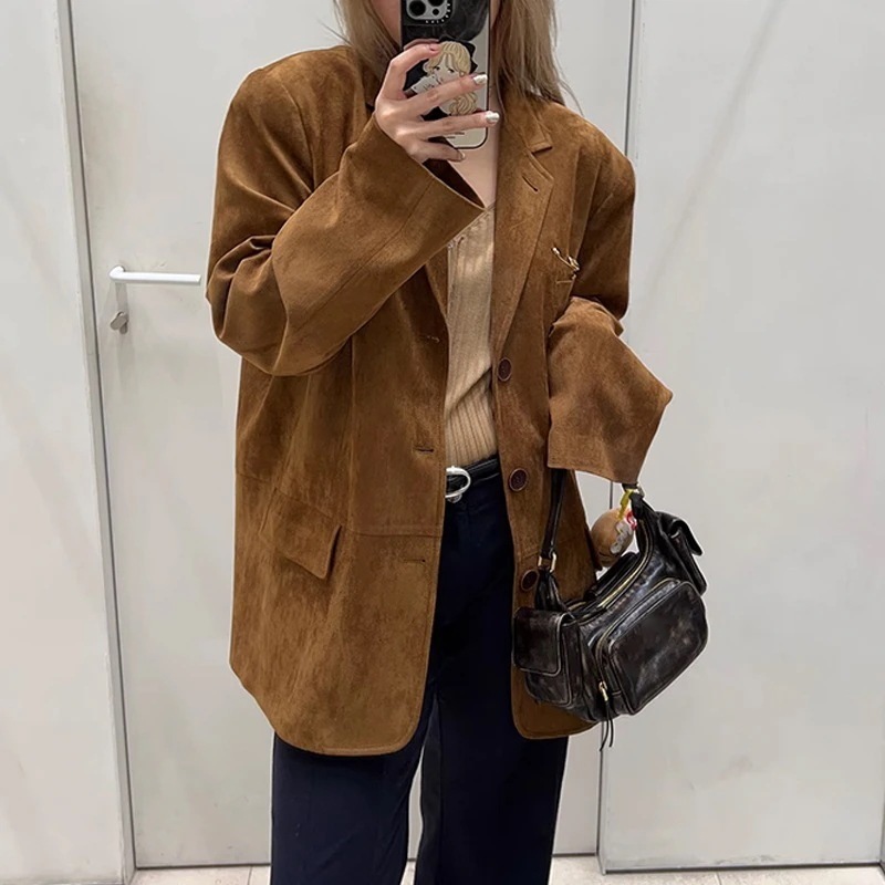 美拉徳琥珀スエードスーツ女新廓形ゆったりデザイン小人数カジュアルコート百合ファッション