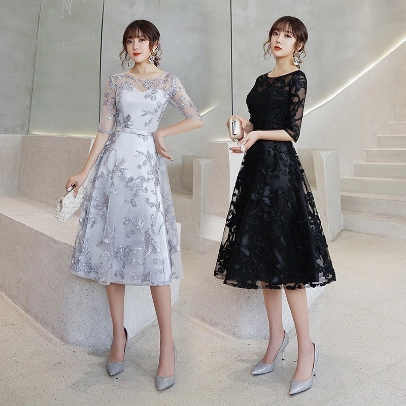 送料無料 ウエディングドレス 結婚式　ドレス パーティードレス ロングワンピース ドレス ロングドレス パーティードレス 結婚式のイブニングドレスの女性の黒の雰囲気はやせて見えるセレブ短い宴会のパーテ