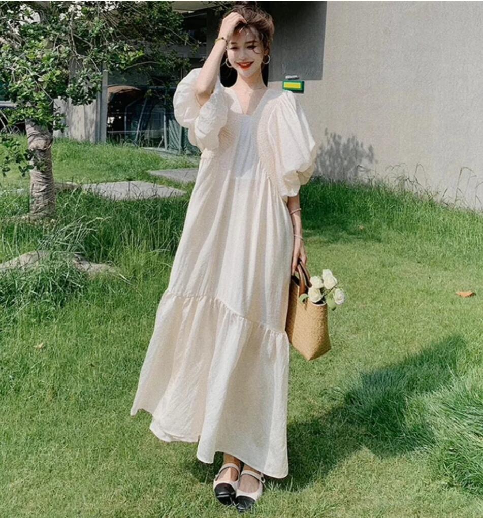 Vネックフレンチパフスリーブロングワンピース ホワイト フランス式 ルーズ スリム シーサイド 休日 ビーチ