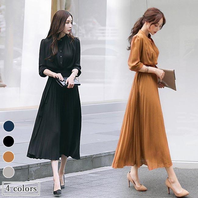春 夏 ワンピース シフォンワンピース レディース プリーツワンピース 長袖 ロングワンピ オフィス きれいめ ロング丈 シフォンワンピ Aライン