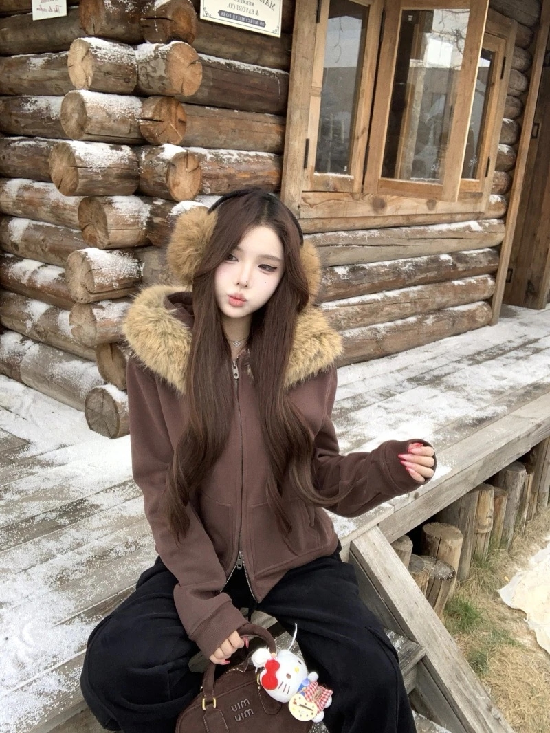 暖かい厚手 防寒 秋冬 韓国っぽ かわいい ブルゾンフード付きダブルショート丈 アウタートレンド 長袖トップスカジュアルファッション系フルカラー羽織りダコーデトラック 2025 裹起毛 レディース