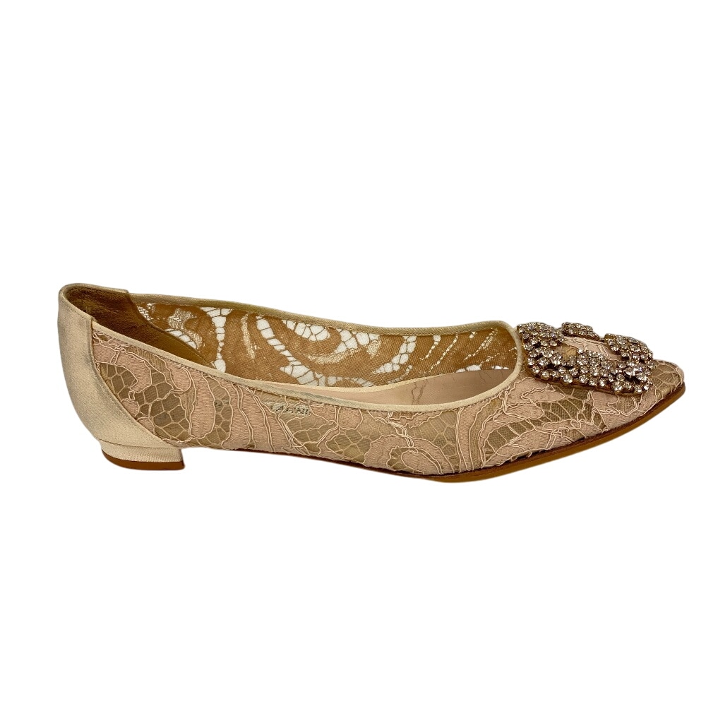 ハンギシ ビジュー フラットパンプス レース ラインストーン レザー パンプス ベージュ レディース ブランド
