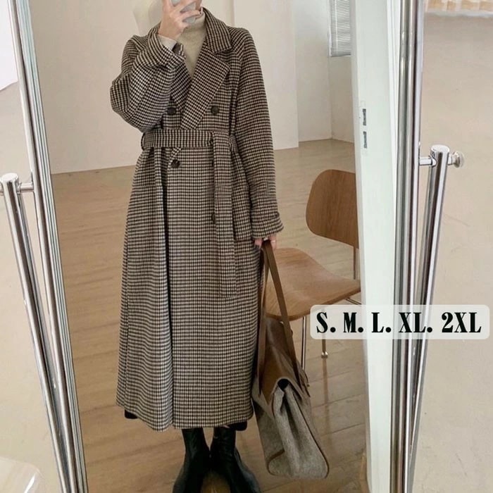 チェスターコート チェック柄 レディース 千鳥格子 ロングコート コクーンコート ドロップショルダー 茶 超ロング 大人可愛い 体型カバー 韓国 S M L 2L 3l アウター 秋 冬 冬服 オーバ