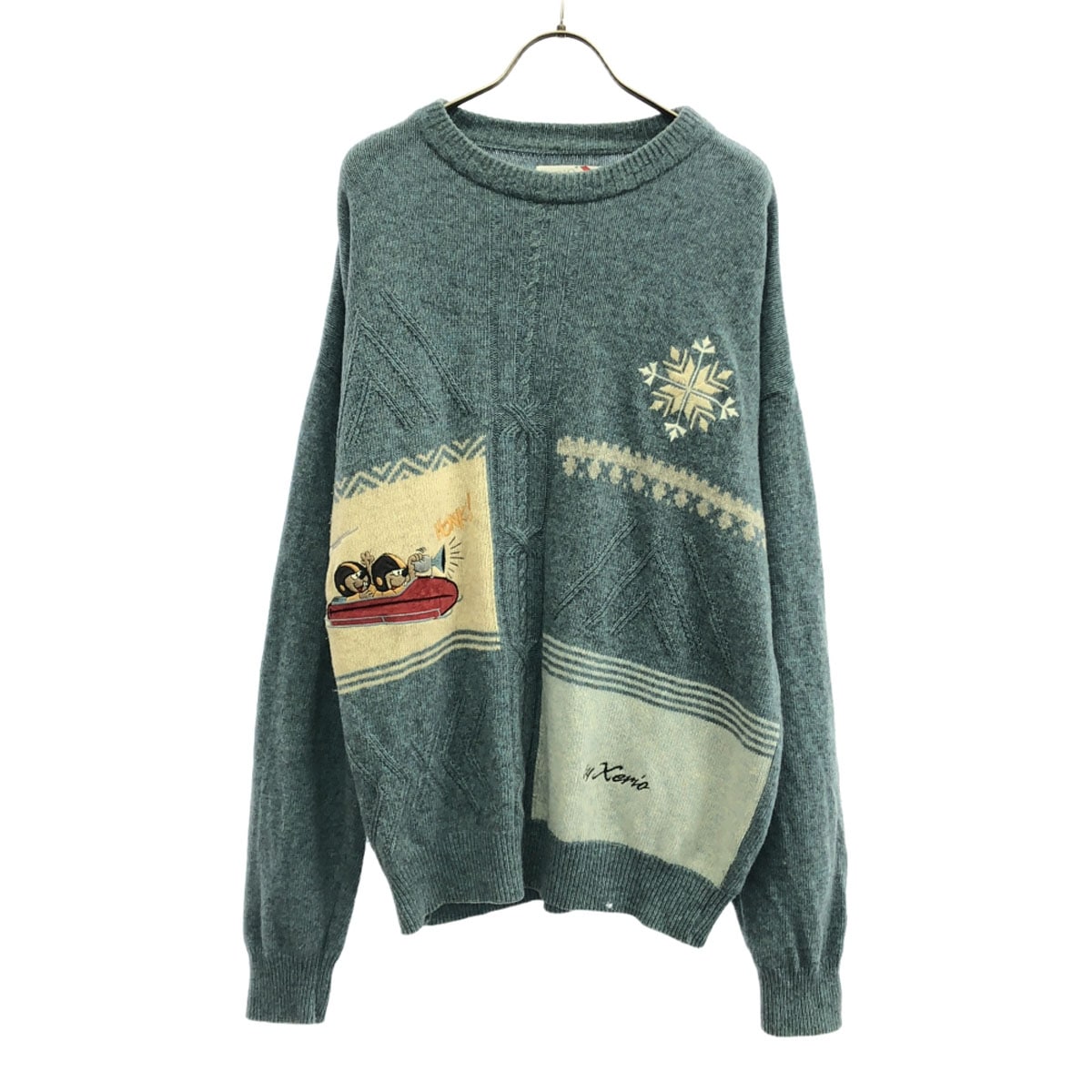 XERIO 90s ウールブレンド オールド ロゴ キャラクター刺繍 長袖 セーター ニット XL ブルー系 メンズ 古着