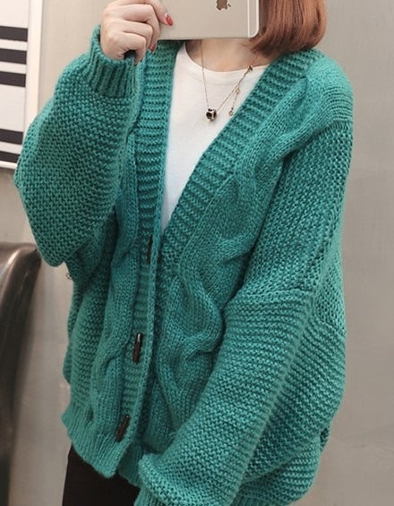 5087.ざっくりニットカーディガン(グリーン)2019春夏 sale アウター トップス 美ライン おしゃれ カジュアル ボリューム袖 長袖 オフィス ビジネス お出かけ 女子会 普段使い 通勤 通