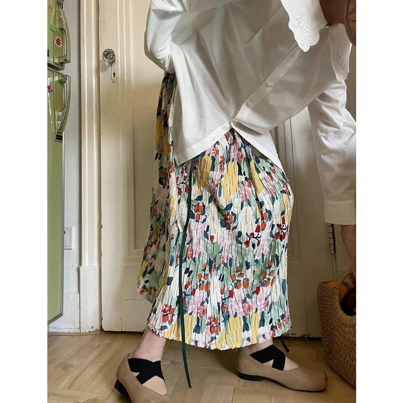 マキシスカート小花のゆったりとしたハイウエストで着痩せ感のあるA字半身スカートレディース25新作ミディアムスカート韓国ファッション脚魅せミニスカート