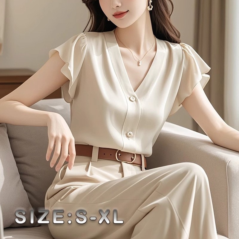 レディース セットアップ 夏 シャツ＆ワイドパンツ 上下セット カーキ フレア袖 ブラウス Vネック 三分袖 ウエストマーク オフィスカジュアル 大人可愛い 涼感 通勤 おしゃれ シンプル きれ
