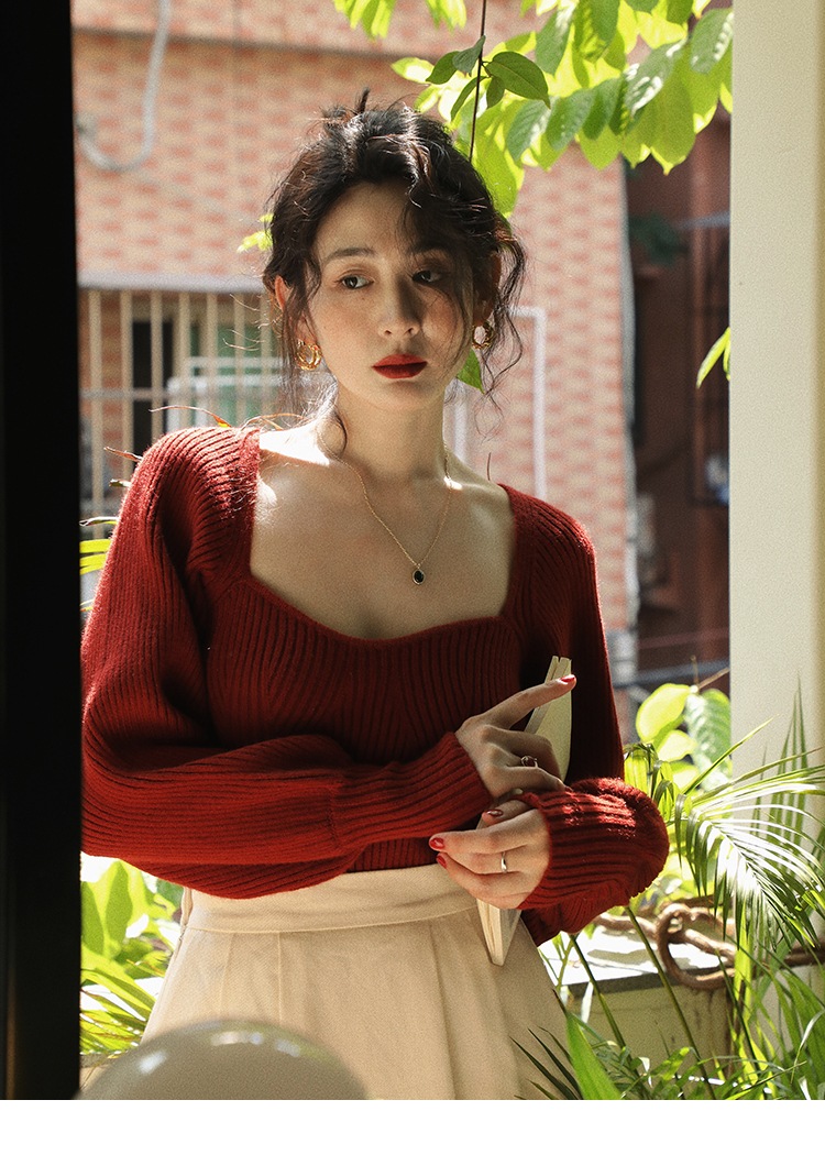 レディース 秋 冬 フレンチニット レディース 個性的 シック ショート トップ ボトムス セーター レッド ブラック アプリコット S M L トップス かわいい 大人可愛い きれいめ シンプル