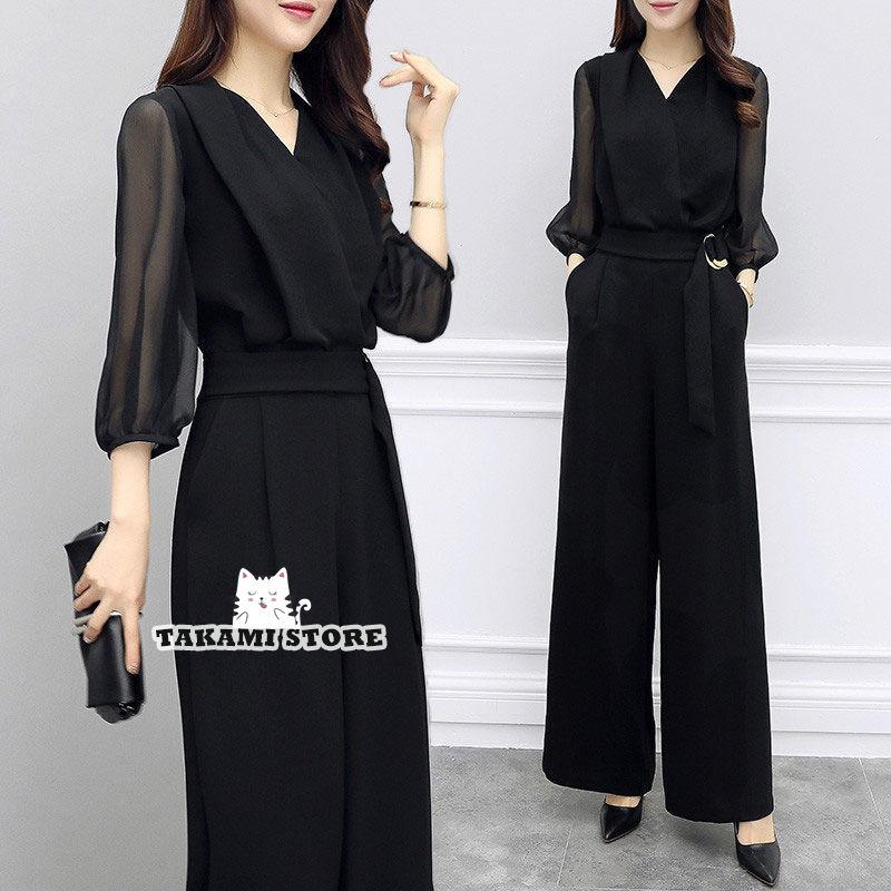 かっこいい パンツドレス オールインワン レディース 長袖 パーティードレス 結婚式 お呼ばれドレス パンツ 大きいサイズ 3L カシュクール 黒