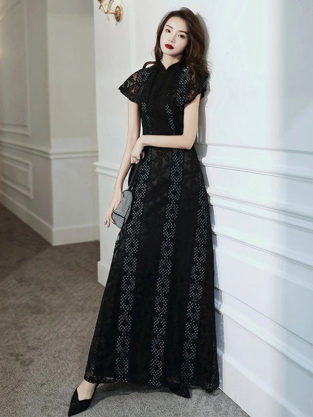 期間限定結婚式 ロング 総レース 半袖 スタンドカラー 40代 3L 小さいサイズ 花柄 大きいサイズ ロングドレス 黒 20代 パーティードレス お呼ばれ 30代 袖あり ドレス 7,704円