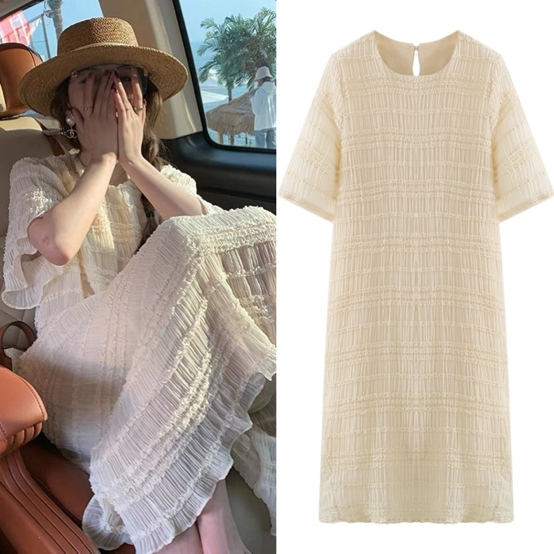 ワンピース ワンピドレス 膝丈 ひざ丈 膝下 半袖 フレアスリーブ Uネック ラウンドネック ストレート Aライン シャーリング シフォン フリル ボタン かわいい 大人可愛い きれいめ シンプル