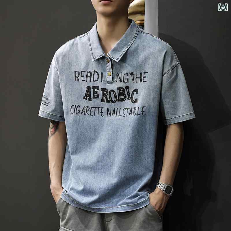 ポロシャツ メンズ 夏 軽量 通気性 デニム 半袖 男性用 大きいサイズ アメリカン プリント Tシャツ プリント ウォッシュド 都会的 綿 カジュアル