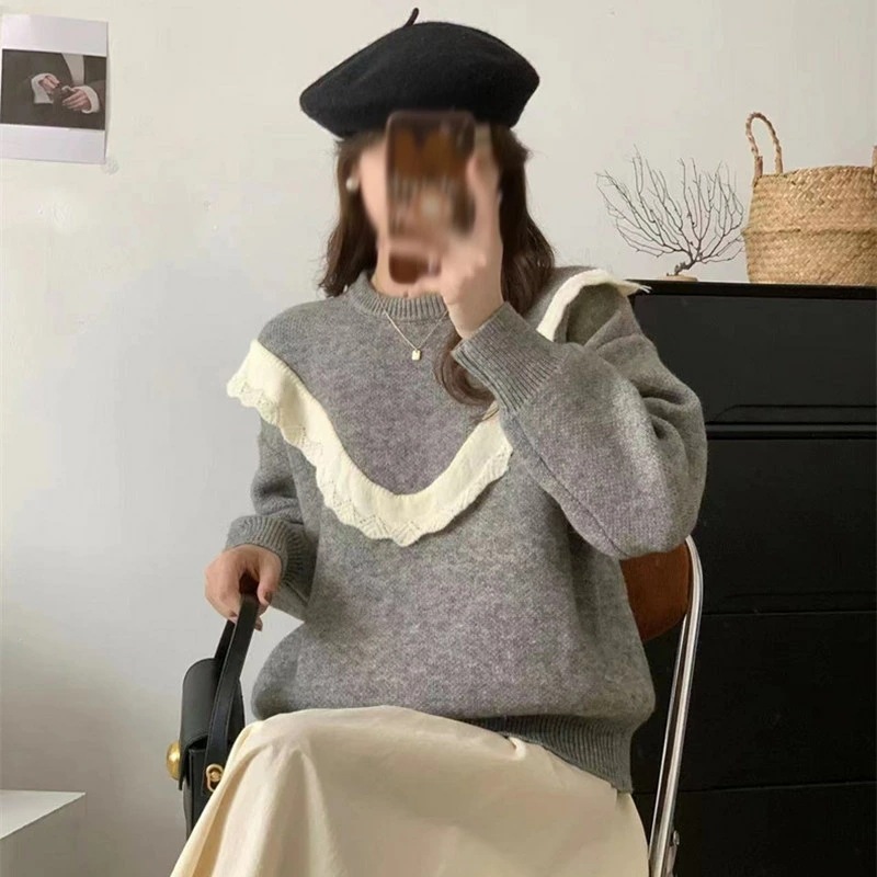 トップス 長袖 インナー プルオーバー クルーネック 秋 冬 春 フリル 重ね着 可愛い キレイメ カットソー カジュアル レディース セーター バイカラー フリルネック ニットセーター 着痩せ おし