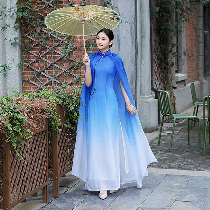 舞台衣装 中華ドレス チャイナドレス 半袖 ワンピース 中国風 ドレス マント ケープ ロング丈 ダンスウェア 古典舞踊 華流ドレス ダンスドレス 透け感 グラデーション チャイナ服 コスプレ衣装 民 5,137円