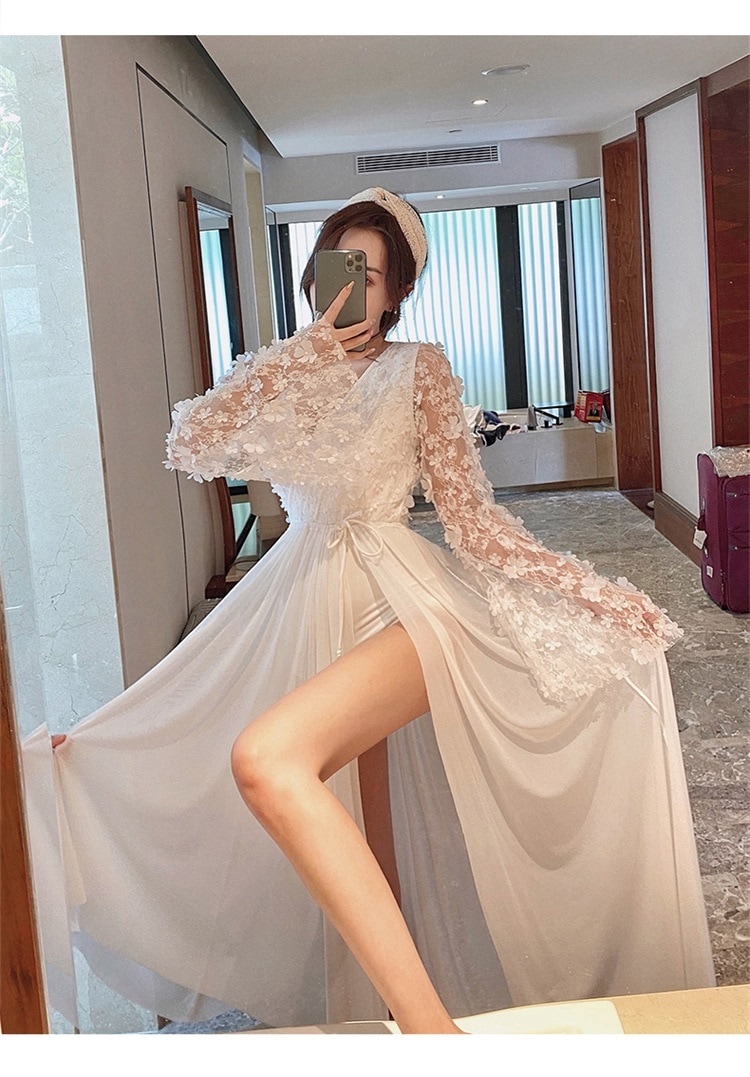 水着 ワンピース水着 セクシービキニ 体系カバー水着 ワンピース 二の腕カバー 長袖 レース フリル 透け感 シースルー 胸元 谷間 谷間魅せ 紫外線対策 セット きれいめ セクシー ゴージャス