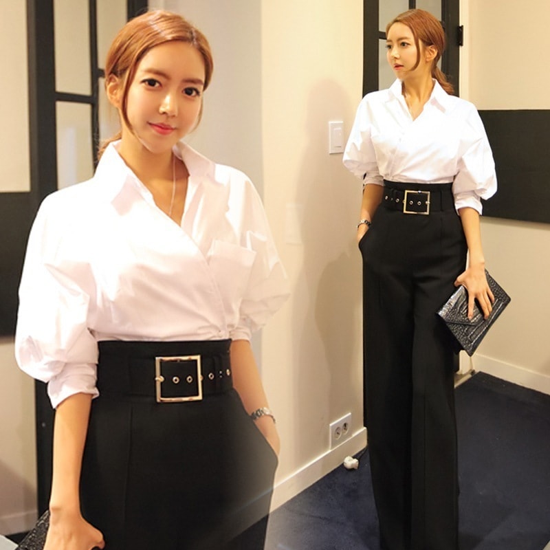 セットアップ レディース スーツセット ブラウス ワイドパンツ ストレートパンツ 袖あり 五分袖