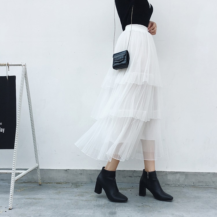 3349.チュールロングフレアスカート（ホワイト）2019春夏 sale ボトムス フリル 美ライン おしゃれ カジュアル 大人ガーリー ハイウェスト きれいめ スカート お出かけ お呼ばれ 女子会