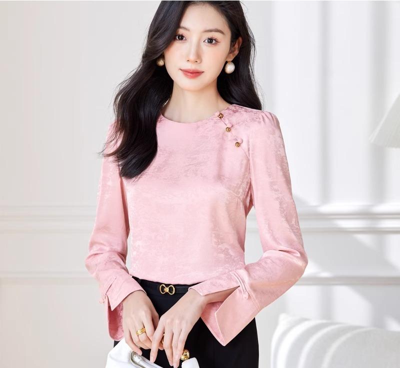 レディース 秋 トップス ブラウス 女性 チャイナ風 ボタン シフォン シャツ 長袖 ラウンドネック シングルブレスト 通勤 オフィス 軽量 柔らかい ストレート 上品 フォーマル